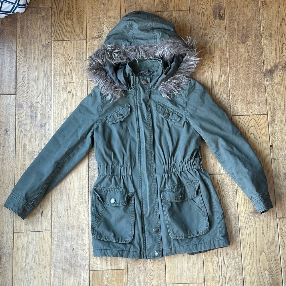 Jou Jou Big Girls Army Green Faux Fur Trim Jacket size Medium